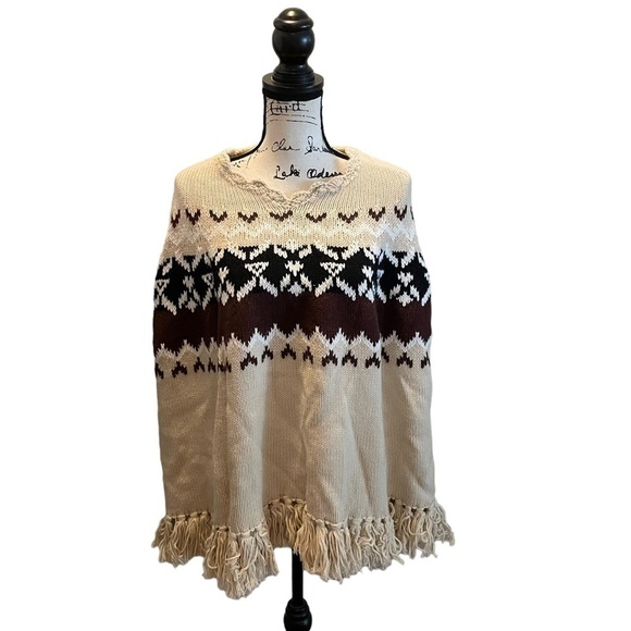 MODA INTERNATIONAL VS Sweater Shawl Brown XS Small Nordic Fair Isle Wool Fringe - Picture 1 of 13